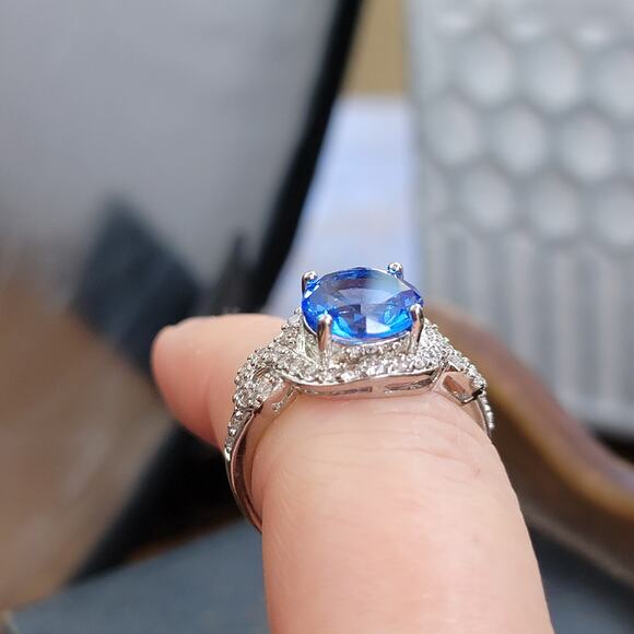 Rhodium Plated Simulated Blue Sapphire Ring - Elegant Statement - Size 10 - Picture 2 of 10